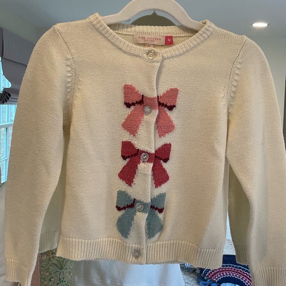 Pink Chicken Cream Cardigan with Pink, Red & Blue Bows